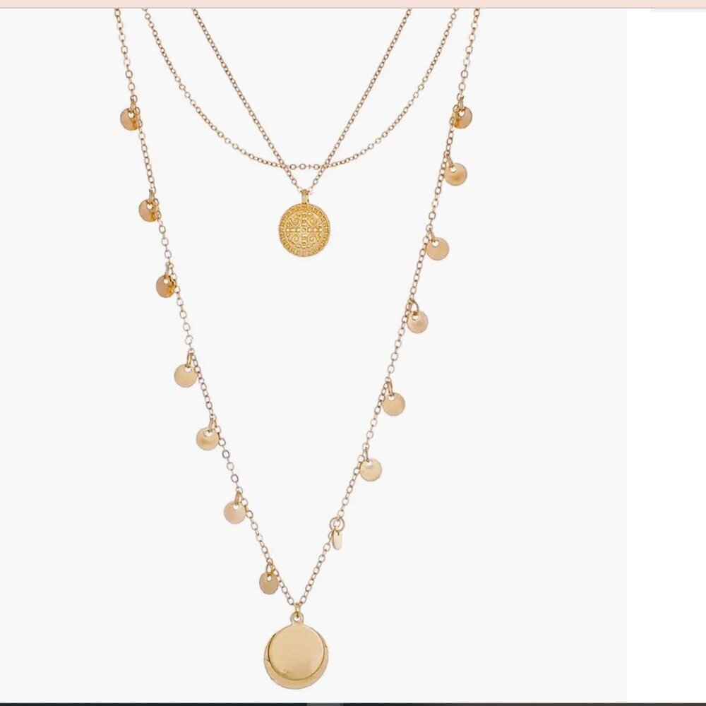 Panacea Layered Circle Charm Pendant Necklace 14K Gold-Plated Triple Strand NWT